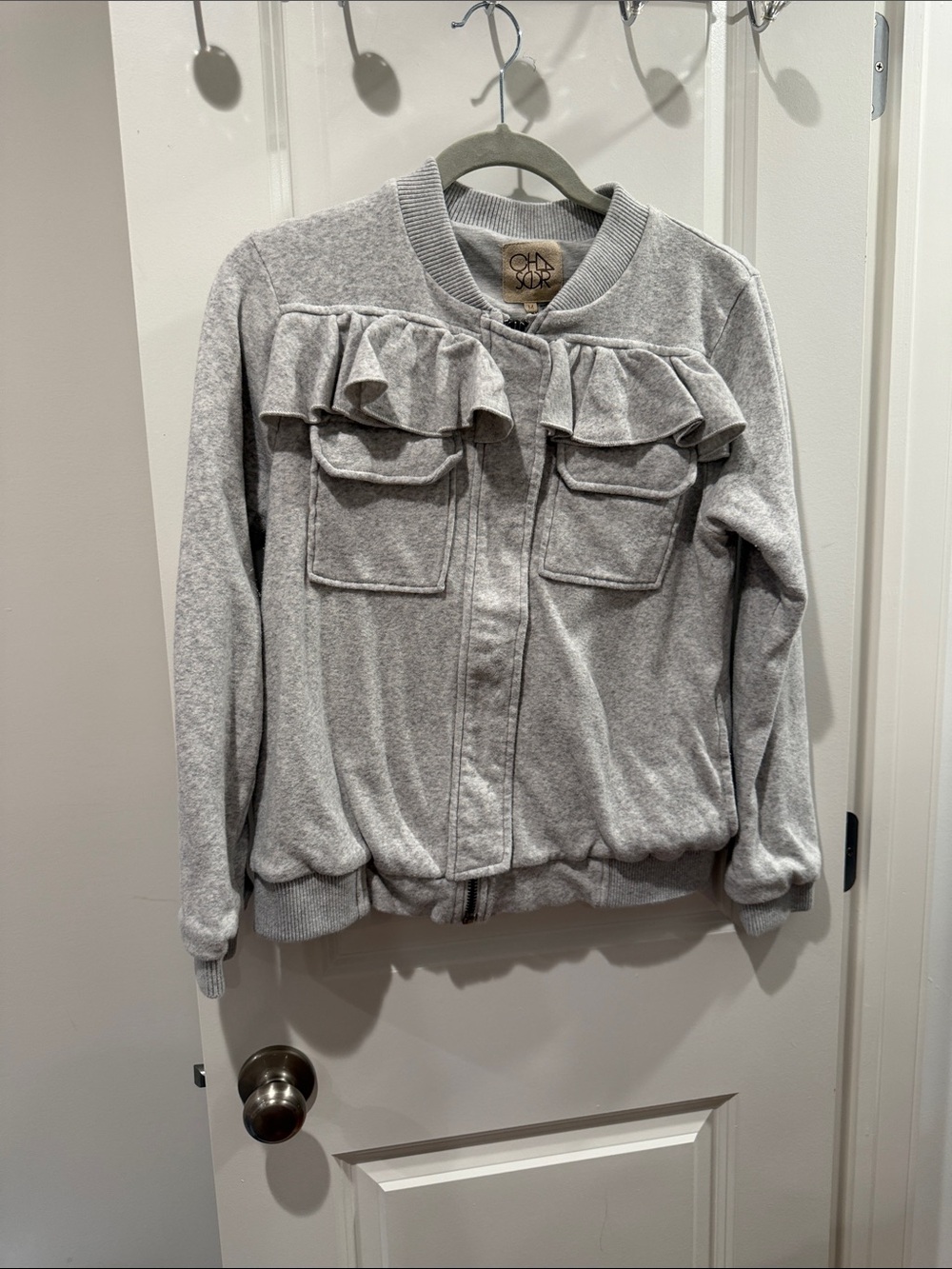 Chaser Light Gray Ruffle Front Bomber Jacket size medium